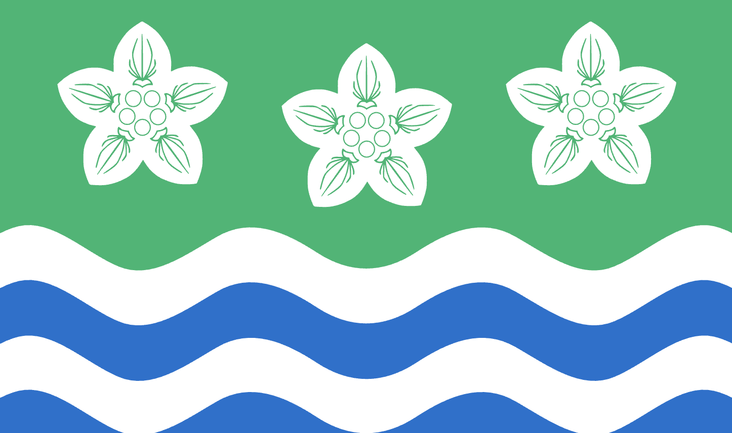 the cumberland flag, three flowers on a green background, in the top half of the flag. underneath are two wavy lines alternating white and blue to look like water.
