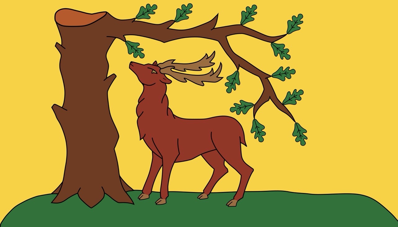 the flag of berkshire. a red deer eating from the branch of a tree on a yellow background.